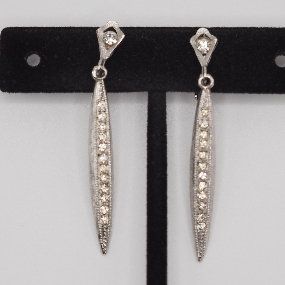 Vintage Clip On Earrings Silver Tone Rhinestone Tapered Drop Stippled Geometric